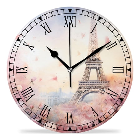 erolrail Rustic Wall Clock,Silent Non Ticking Wall Clocks for Living Room,Bedroom,Kitchen 12IN Eiffel Tower Pink Rose Street Exquisite