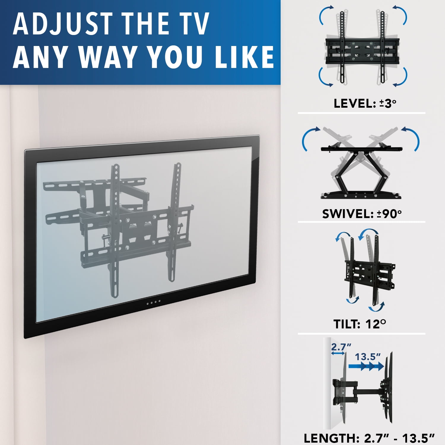 Mount-It! Full Motion TV Wall Mount, Fits 32"-50" TVs, Dual Arm 13.5" Extension, Bonus HDMI Cable, Capacity 115 lbs.