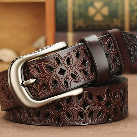 TELOLY Women'S Retro Belt,Hollow Flower Leather Belt for Jeans Pants Wide Belt with Metal Buckle Brown Leather Belt Women