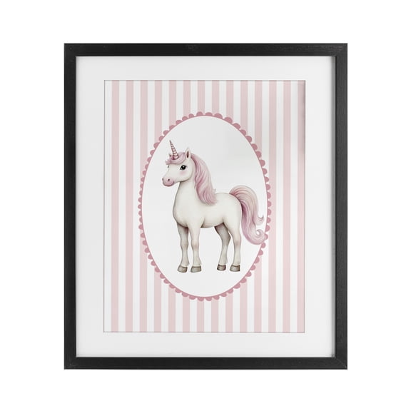 Gentle Unicorn on Pink Stripes Black Framed Print Under Glass, design by Christine Simpson Art