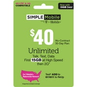 Simple Mobile $40 Unlimited 30-Day Prepaid Plan (15GB at high speeds) + International Calling Credit Direct Top Up