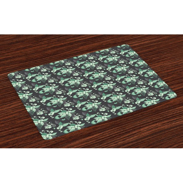 Grey and Green Placemats Set of 4 Nostalgic Flowers in Abstract Style