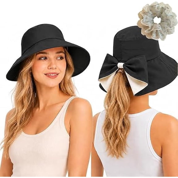 Wide Brim Sun Hat with Bowknot, Foldable Breathable Beach Hat for Women
