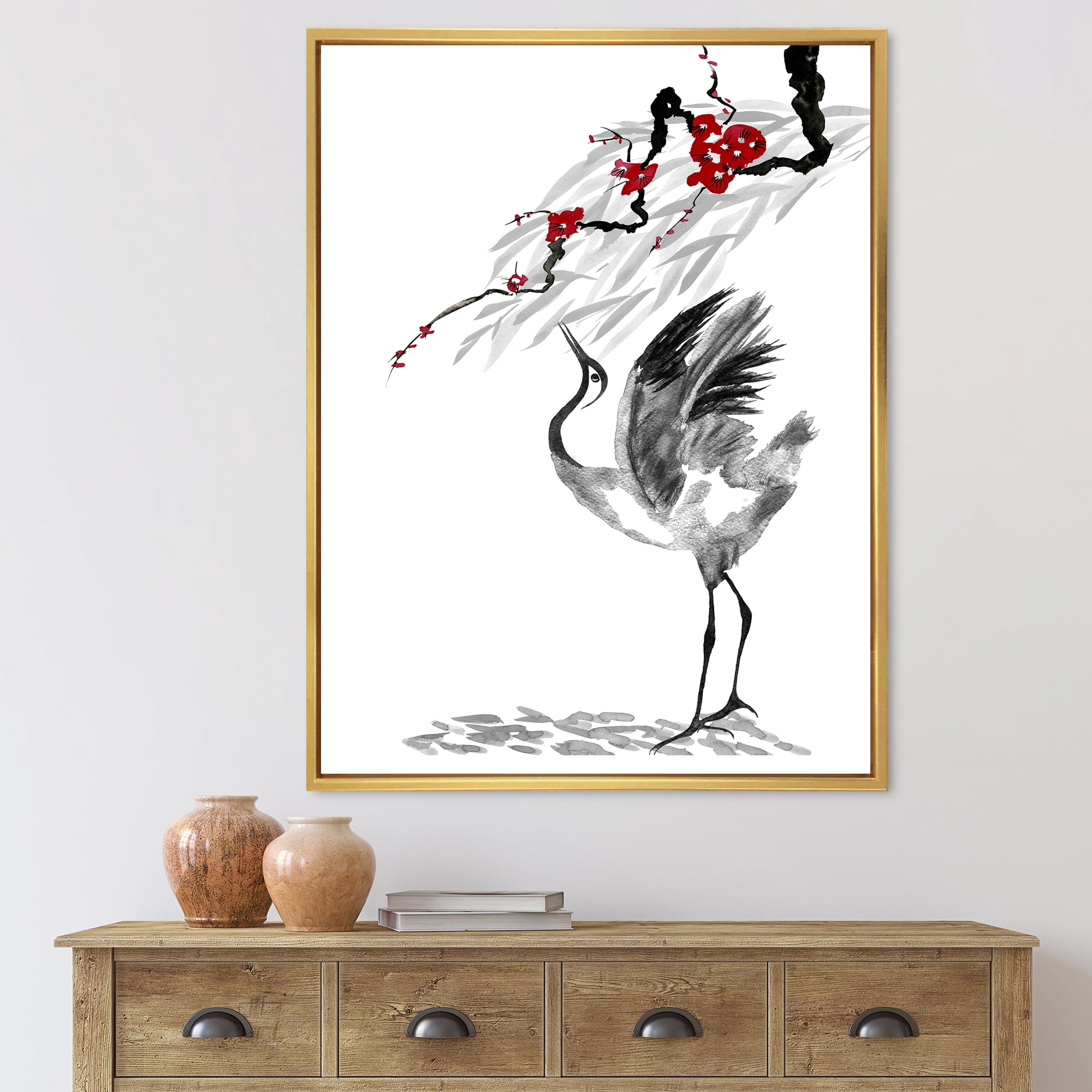 Designart 'Red Flowers With Japanese Cranes Bird Drawing' Traditional Framed Canvas Wall Art Print