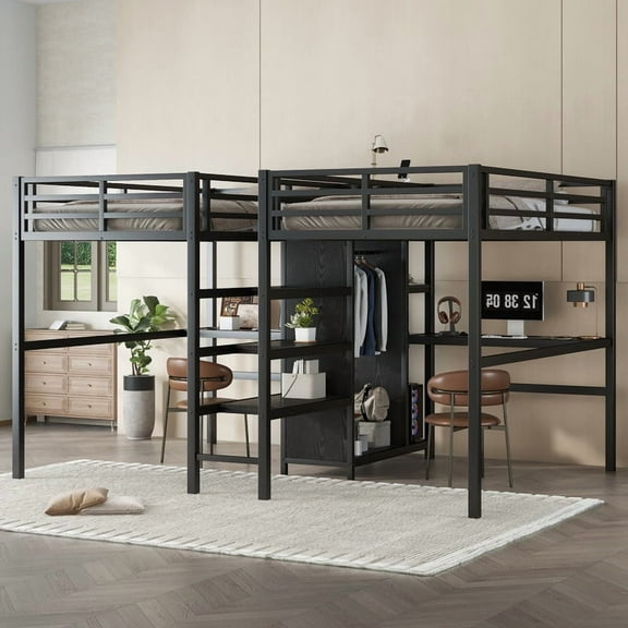 HICOMILA Twin Size Loft Bed with Desk and Stairs,Metal Double Loft Beds with Wardrobe and USB Outlet, Heavy Duty Loft Bed for 2 with Storage Shelves, Noise Reduced, Black