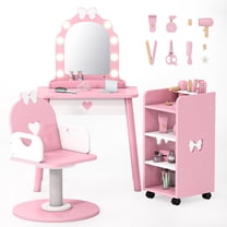 Reasea Kids Vanity Set with Lighted Mirror & Barber Chair,with Storage Shelf and Hair Salon Play Set 7 pcs Accessories, Pretend Play Vanity Set for Toddler Girls