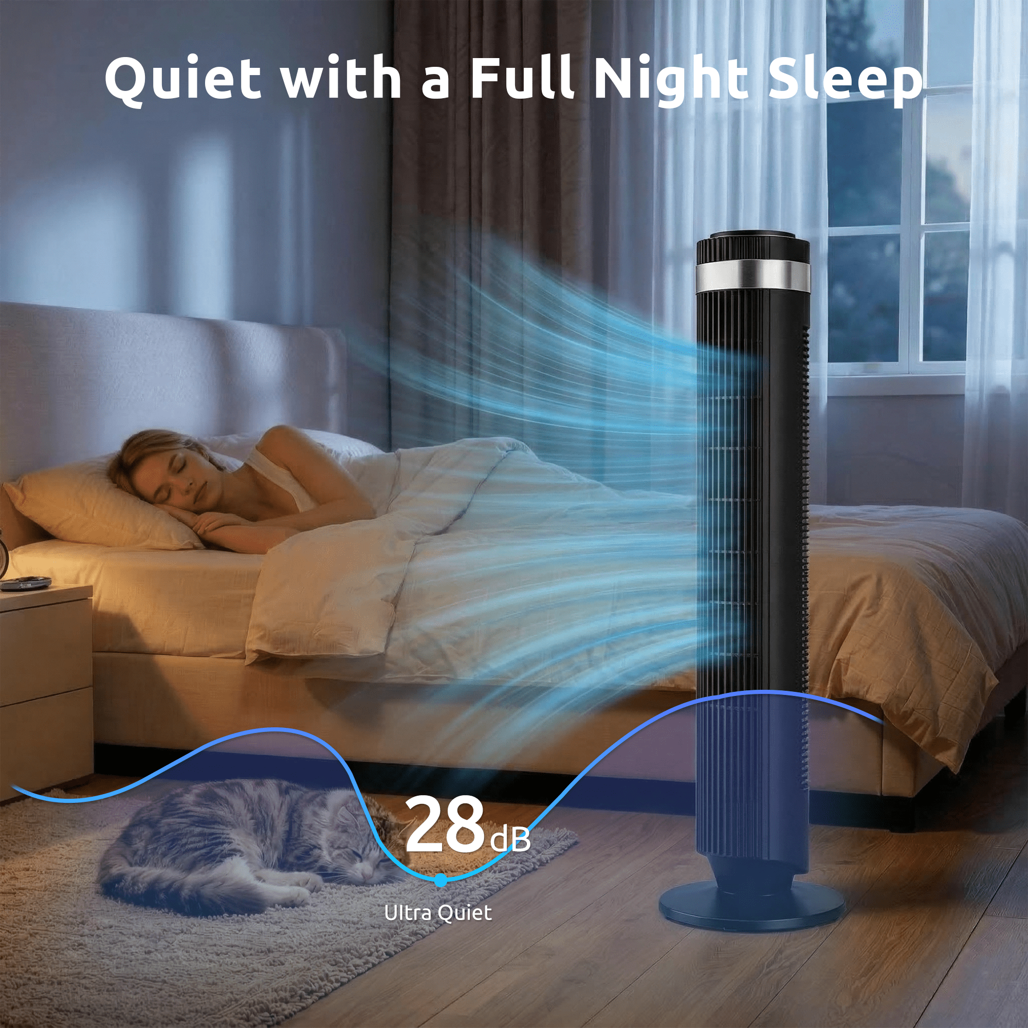 Blazezo Tower Fan With Remote, 64° Oscillating Bladeless Cooling Fan, 28dB Quiet Standing Floor Fan for Bedroom Home Office, 5 Speeds 4 Modes 12H Timer
