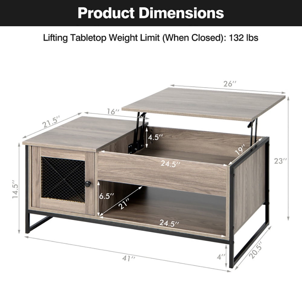 Finihen Coffee Table, Lift Top Coffee Table, 42 Inch Lift Top Coffee Table with Storage and Hidden Compartment, for Living Room, Reception Room, Office, Gray