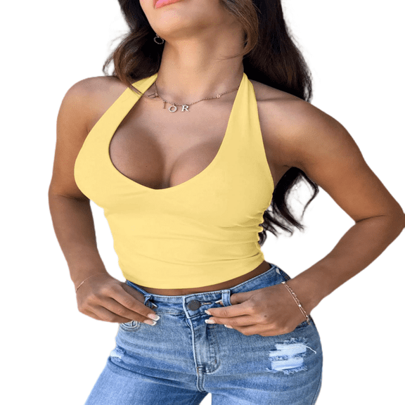 โLYMAYTER Women Halter Tank Summer Deep V Neck Crop Vest Solid Color Backless Slim Tank Tops XS-L