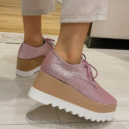 

HIBRO Women s Fashion British Style Platform Shoes Increased Thick-Soled Lace-Up Casual Shoes
