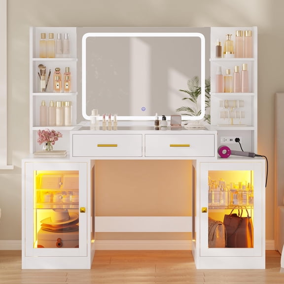 Makeup Vanity Desk with Large Mirror and Lights, RGB Cabinets,Morden Vanity Desk with Drawers & Shelves,Power Outlet,Glass Top, White