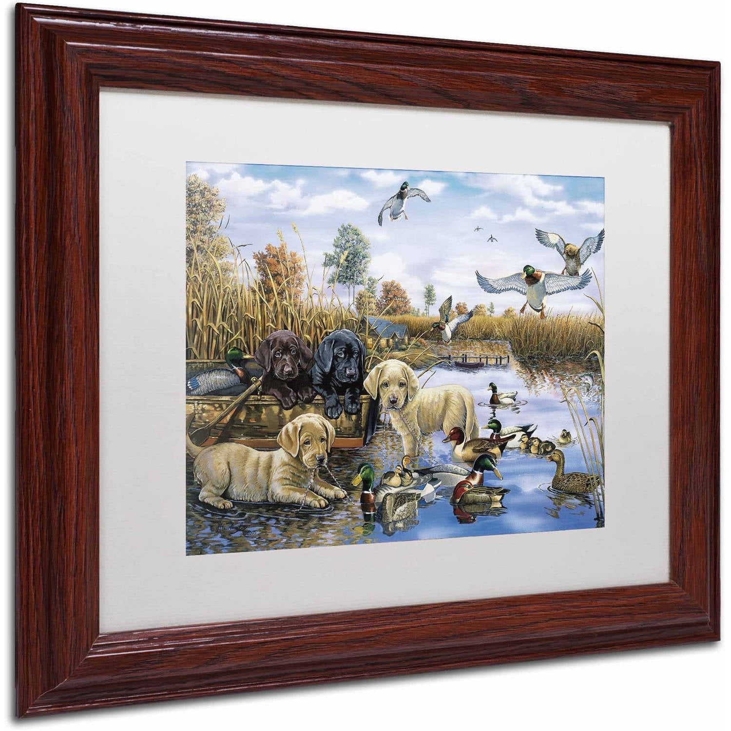 Trademark Fine Art 'A Playful Tail Waggin' Day' Canvas Art by Jenny Newland, White Matte, Wood Frame