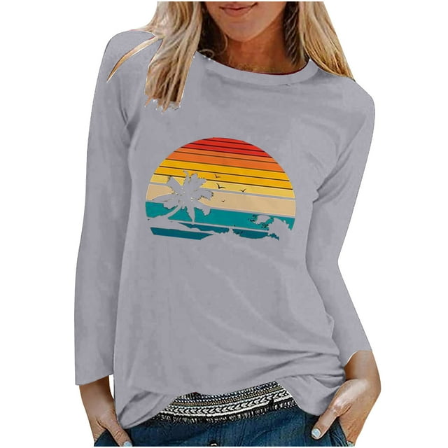 CEHVOM Fashion Women's Spring Printed Long Sleeves Round Neck Casual Tee Tops Clearance