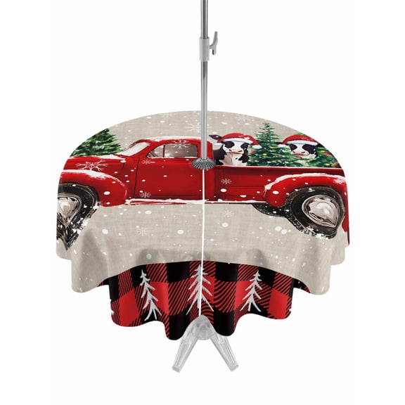 Outdoor Tablecloth with Umbrella Hole and Zipper, Christmas Truck Round Table Cloth 54 Inch Waterproof Tablecloth, Xmas Tree Red Plaid Snowflake Rustic Picnic Table Cover for Patio Camping