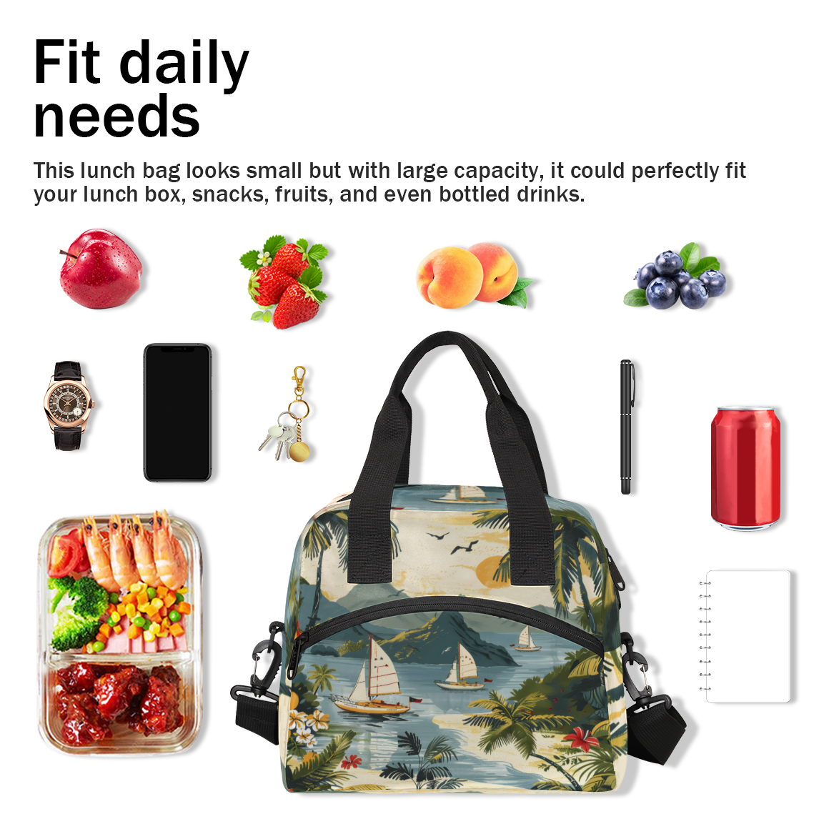 Herdesigns Ocean Theme Insulated Lunch Bag for Women Men Adults Large Reusable Lunch Box Beach Palm Tree Ship Leakproof Cooler Tote Bags with Adjustable Shoulder Strap