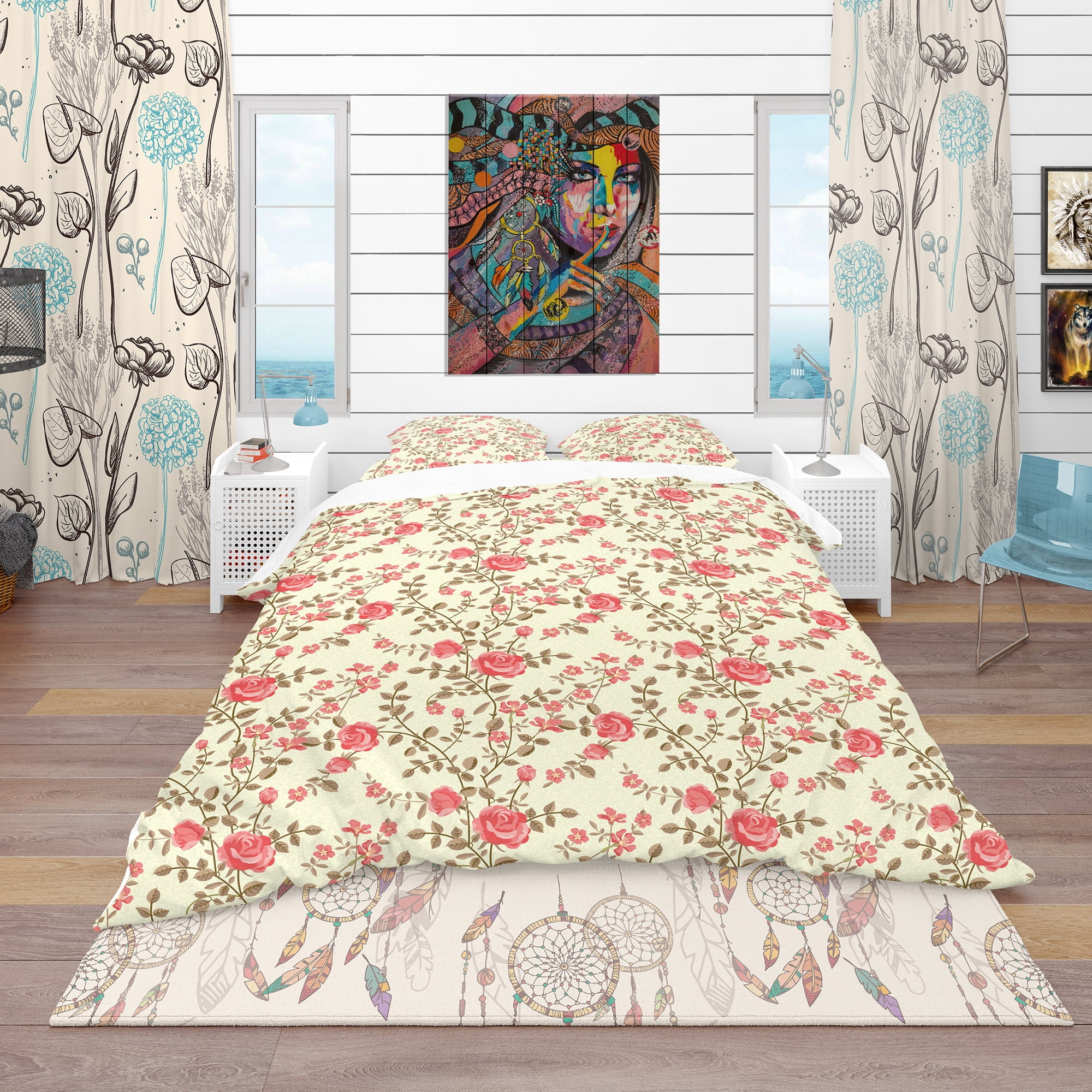 Designart 'Roses Pattern' Bohemian & Eclectic Duvet Cover Set