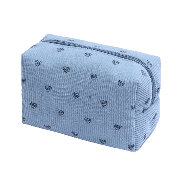 Bolsa de maquillaje de pana con estampado de corazón, bolsa de cosméticos portátil con cremallera, bolsa de maquillaje, organizador de artículos de tocador para mujeres y niñas.