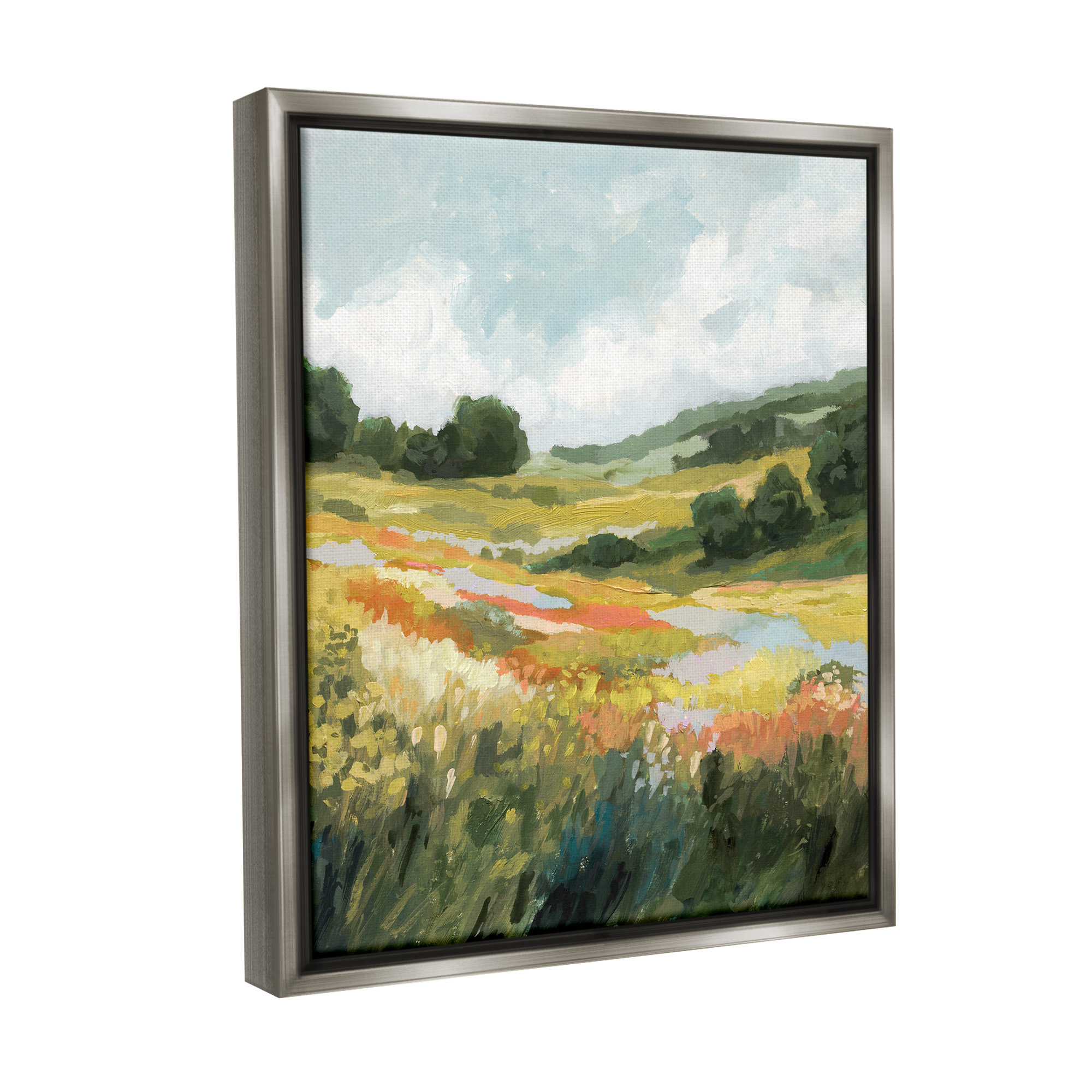 Stupell Industries Meadow with Distant Hills Landscape Painting Gray Floater Framed Canvas Art Print Wall Art, 17 x 21
