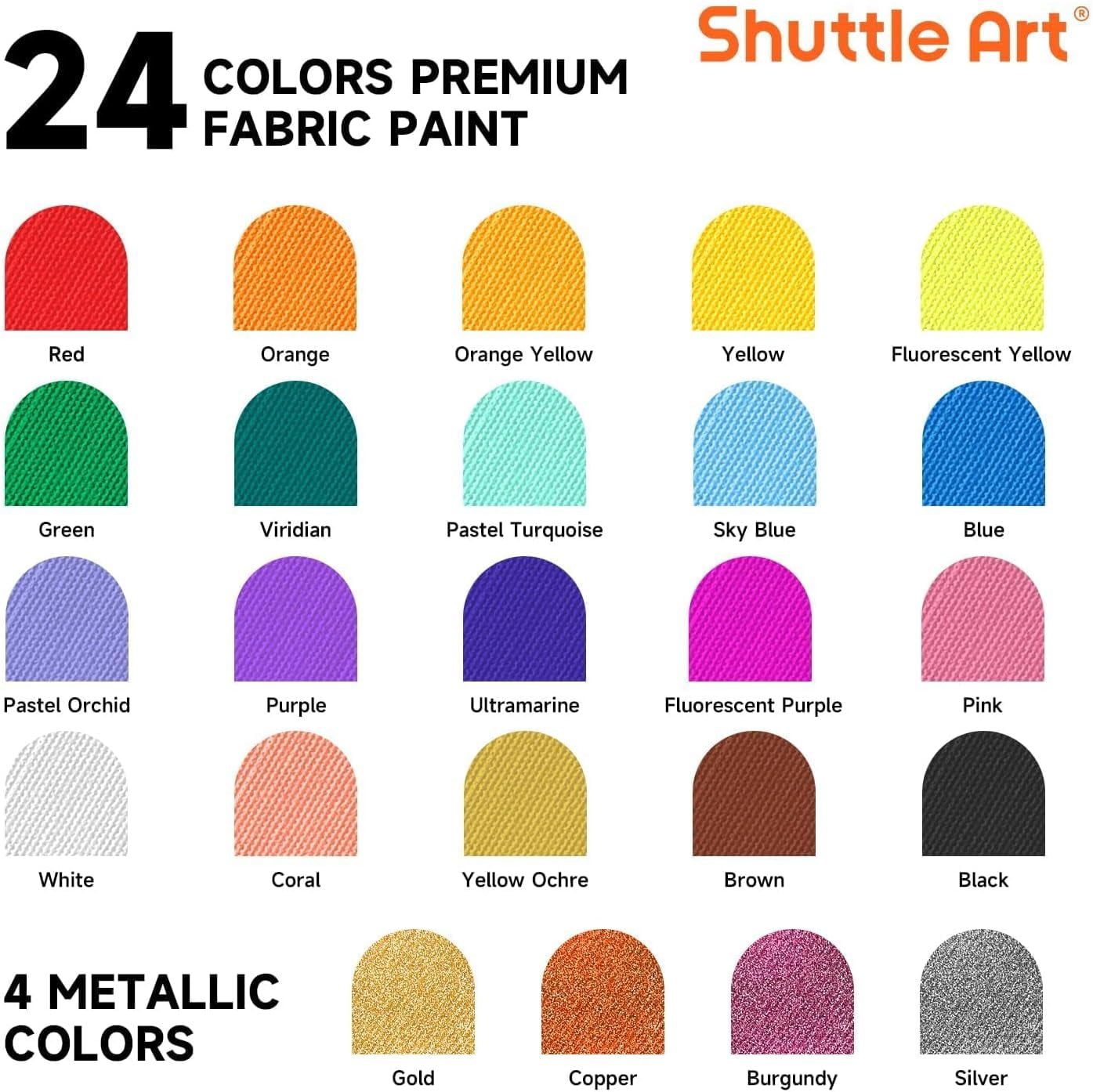 Fabric Paint 24 Colors Permanent Soft Fabric Paint in Bottles (60ml/2oz) with Brushes &Stencils, Non-Toxic Textile Paint for T-Shirts, Shoes, Jeans, Bags, DIY Projects & Crafts