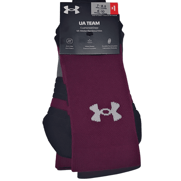 Under Armour Socks Mens 7-8.5 Womens 6-10 Maroon Cushion Crew UA Team 1 Pair