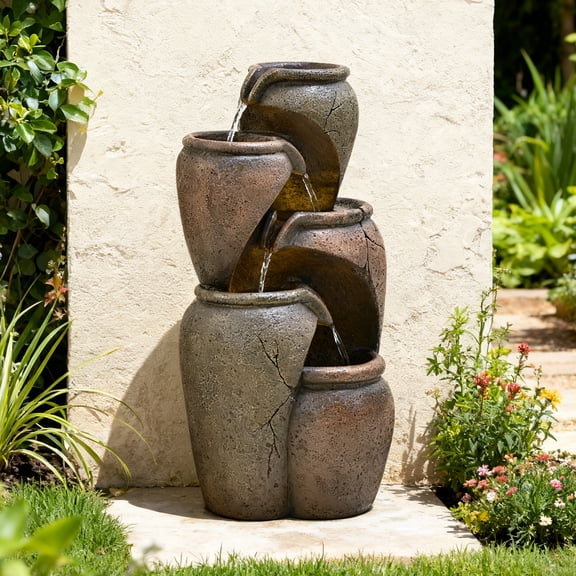28" Outdoor Garden Water Fountain for Patio, Backyard, Deck, Porch and Home Decor, 4 Tiers Cascading Clay Pot Fountain with Lights & Pump