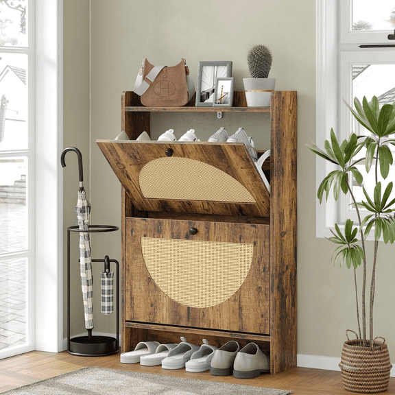 Shoe Cabinet with 2 Flip Drawers, Rattan Door Storage Organizer for Entryway, Free-Standing Shoe Cabinet, Brown