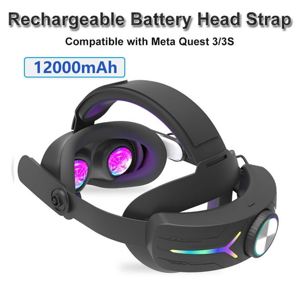 12000mah Rechargeable Battery Head Strap Compatible with Meta Quest 3/3S Headband VR Accessory With RGB Light-Black