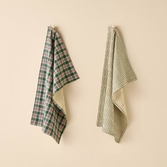 Set of 2 Kitchen Towels Green Striped/Green Gingham -  with Magnolia