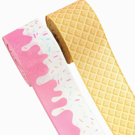 Ice Cream Wired Ribbon 2Rolls Cone Craft Fabric Ribbon for Summer Wreath Bow DIY Wrapping Party Decor(Each Roll 2.48in×5yd )