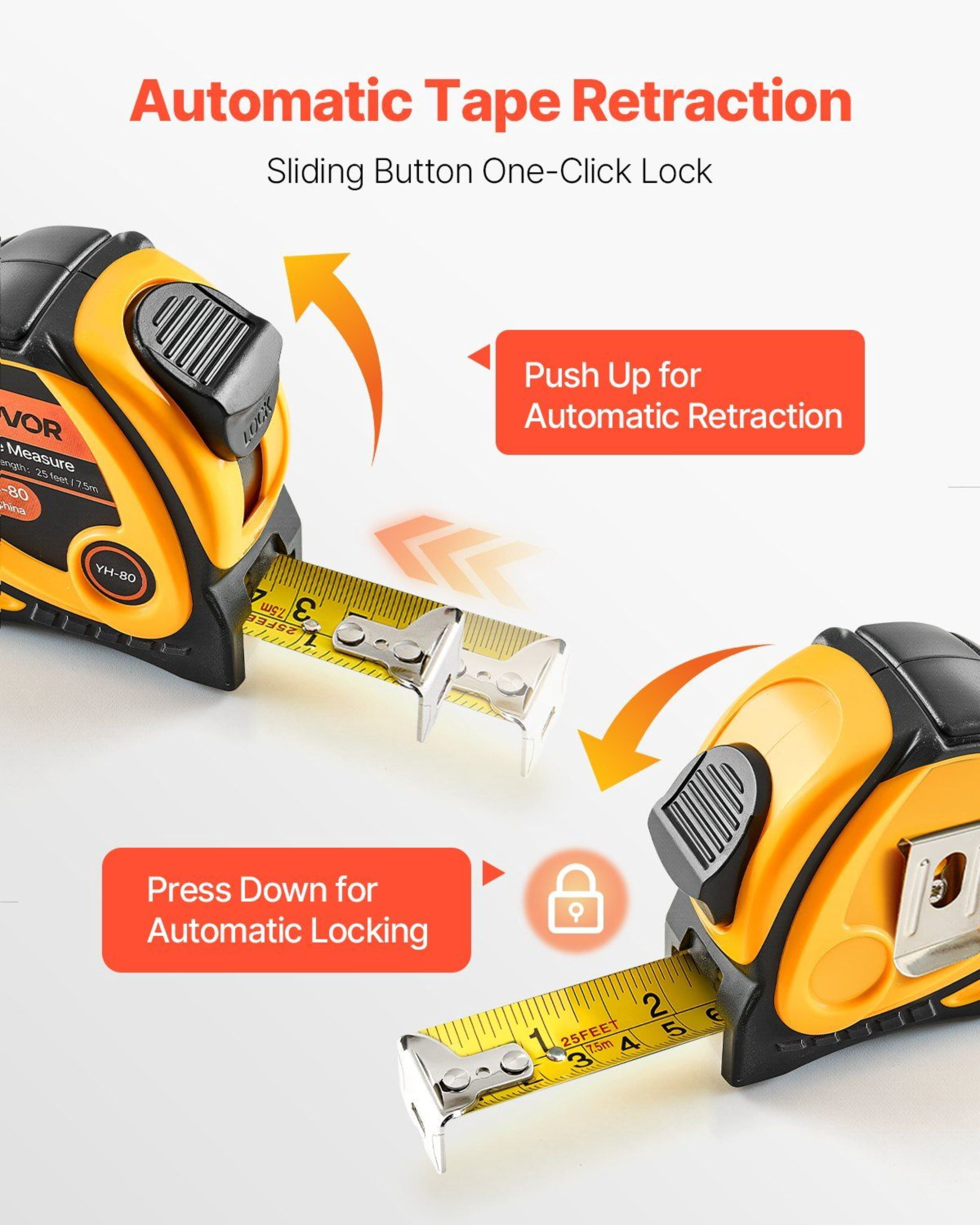 Yellow 2-piece Long Tape Measure, Extendable, with Dual Scales for Both Imperial and Metric Feet/meters, ABS Casing, Suitable for Home Use and Designers.