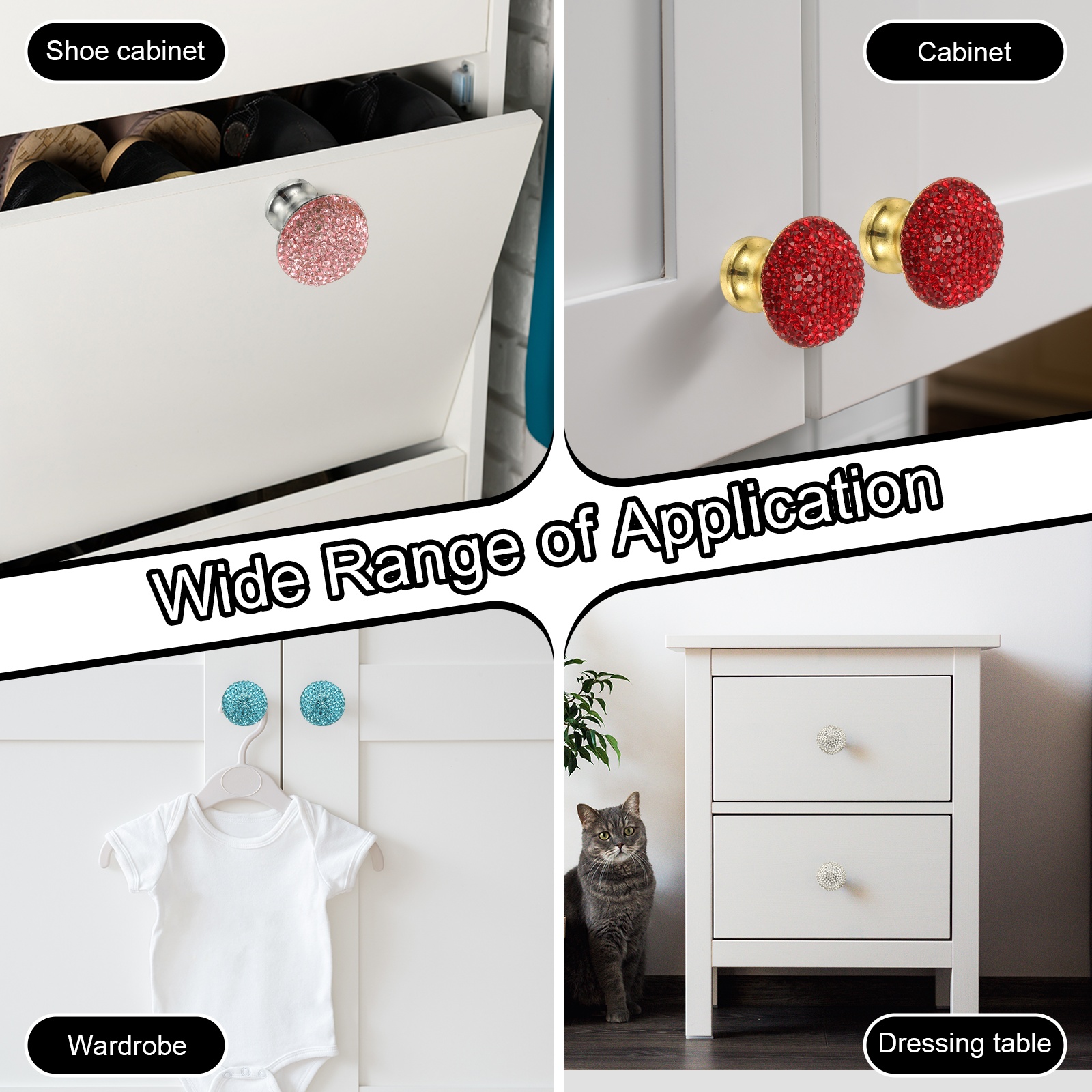 Uxcell Drawer Knobs,4Pcs 1.1 Inch (28mm)Diameter Bling Diamond Decoration Cabinet Knob, Round Rhinestones Pull Handle with Screws for Home, Office, Kitchen (White Base + White Diamond)