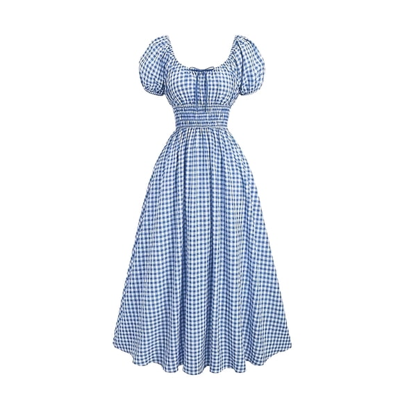 KICILVS Renaissance Costume Women Puff Sleeve Vintage Gingham Plaid Dress Empire Waist U Neck Casual Halloween Swing Dress