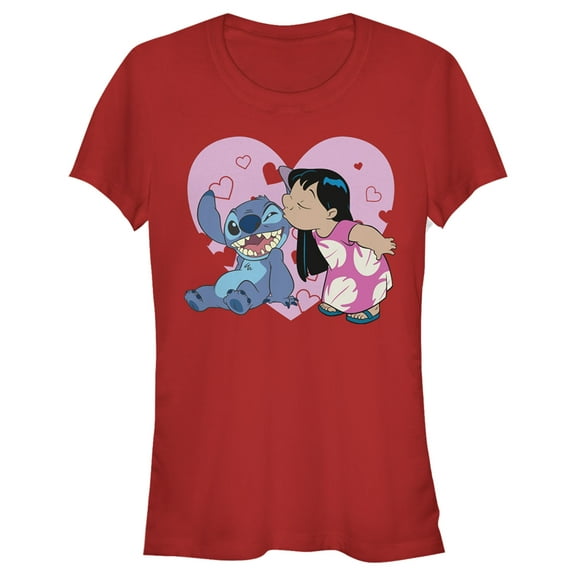 Junior's Lilo & Stitch Kisses Graphic Tee Red Small