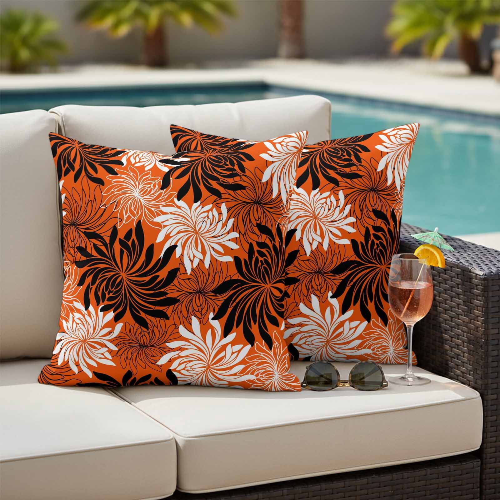 Orange Black Flowers Outdoor Waterproof Throw Pillow Covers 20x20 Set of 2, Modern Abstract Blooms Floral Decorative Pillowcases Cushion Pillowcase for Couch Sofa Patio Outside Pillow Protector