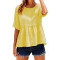 thumbnail image 3 of ClodeEU Women's Plaid Round Neck Short Sleeve Babydoll Blouse,Casual Summer Peplum Top Yellow,Women's Plus M, 3 of 9