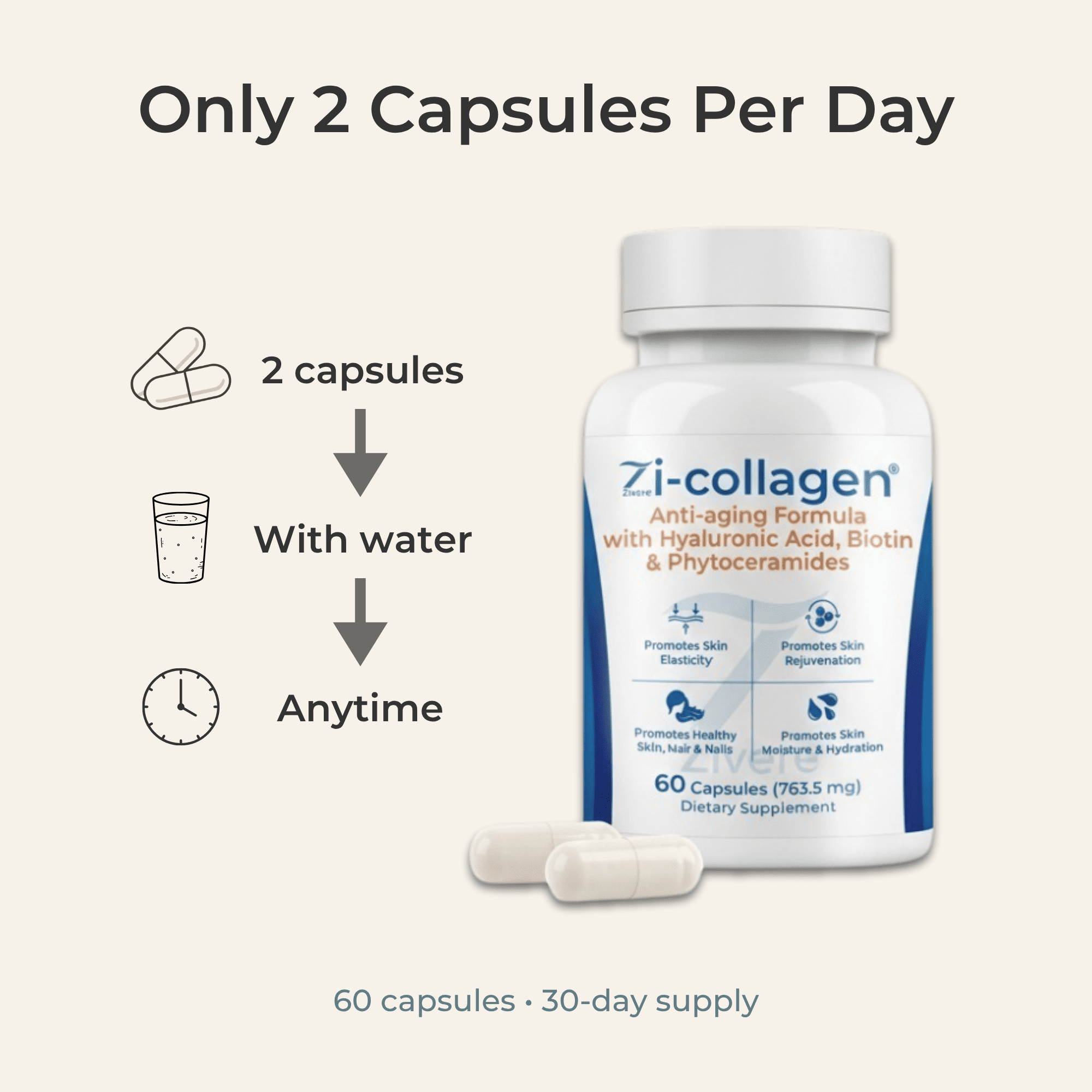 Zivere Zi-Collagen Marine Collagen Capsules Healthy Aging Lactose-Free Gluten-Free Dairy-Free 60 Count 60 Capsules