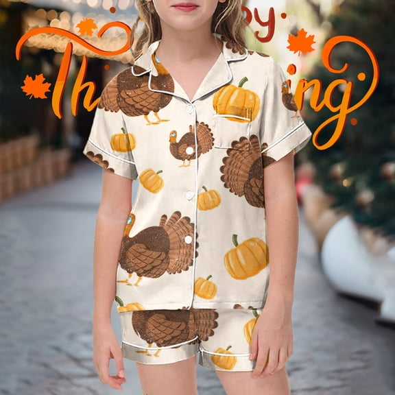 Gunia Girls Thanksgiving Pajamas Kids Silk Satin Turkey Short Sleeve Button Down Top And Shorts 2 Piece Fall Pjs Loungewear