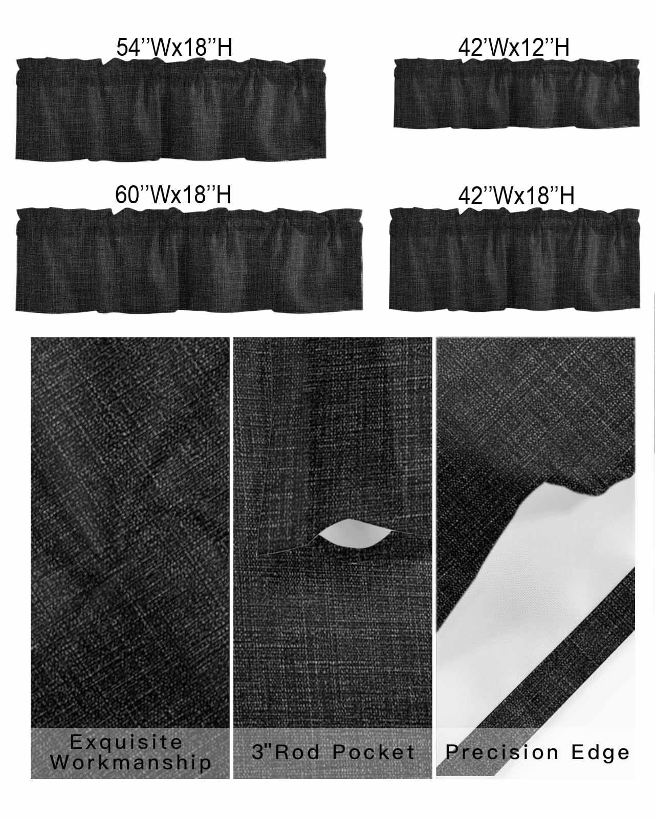 Kitchen Curtain Valances for Windows,Black Linen Vintage Bottom Rod Pocket Small Valance Solid Farm Burlap Short Window Treatment for Bedroom Bathroom Living Room,54"x18"
