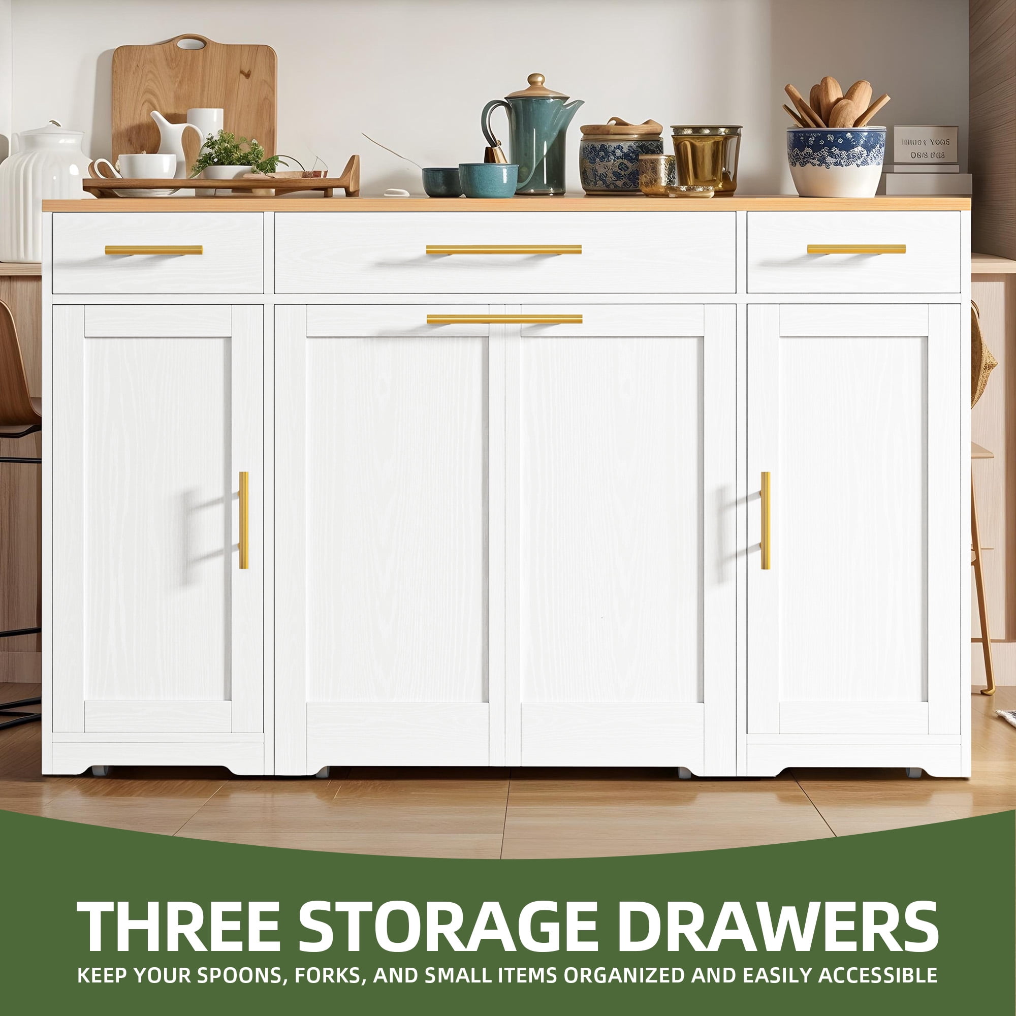 Uforic Kitchen Island with Drop Leaf & Wheels, Island Table with Trash Storage Cabinet, White