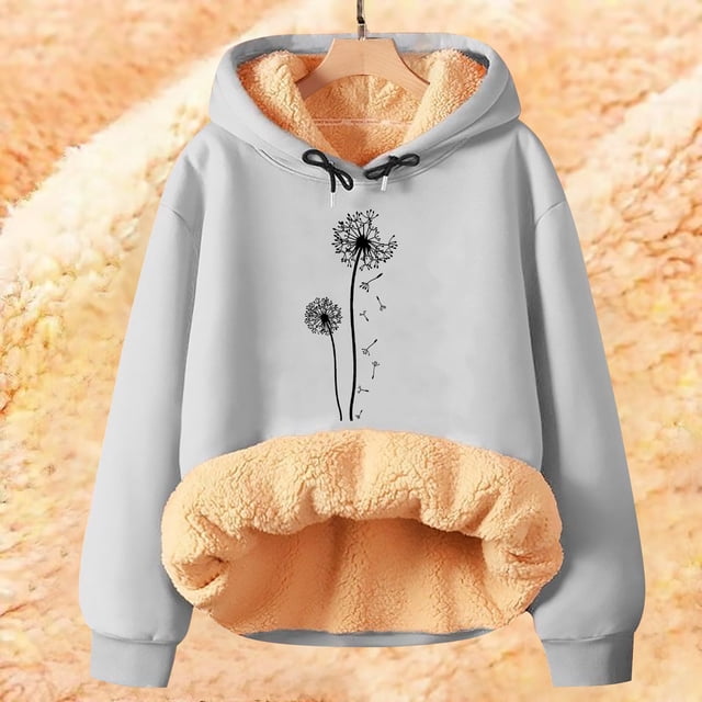 IMENGL Winter Spring warm fleece hooded sweatshirt falling dandelion, Gray L, Size M-5XL