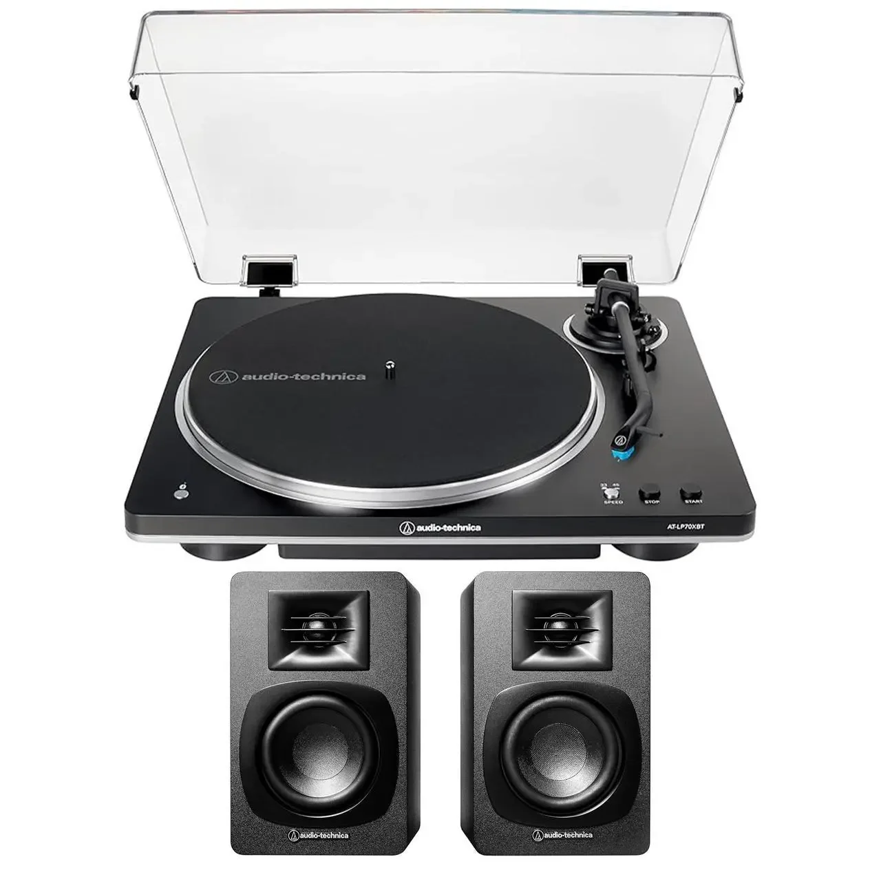 Audio Technica AT-LP70XBT-BS Automatic Belt-Drive Turntable - Black/Silver with Audio Technica AT-SP3X Powered Bookshelf Speakers (2024)