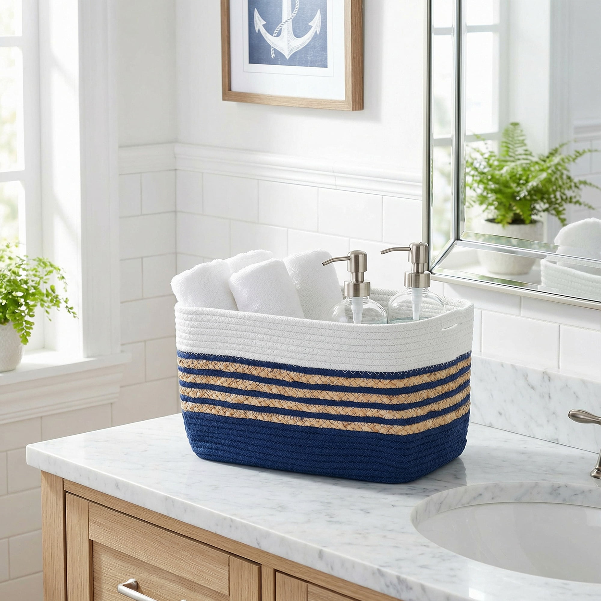 Unique Bargains Woven Storage Basket Storage Bin Blue White 15*9.8*9.1in