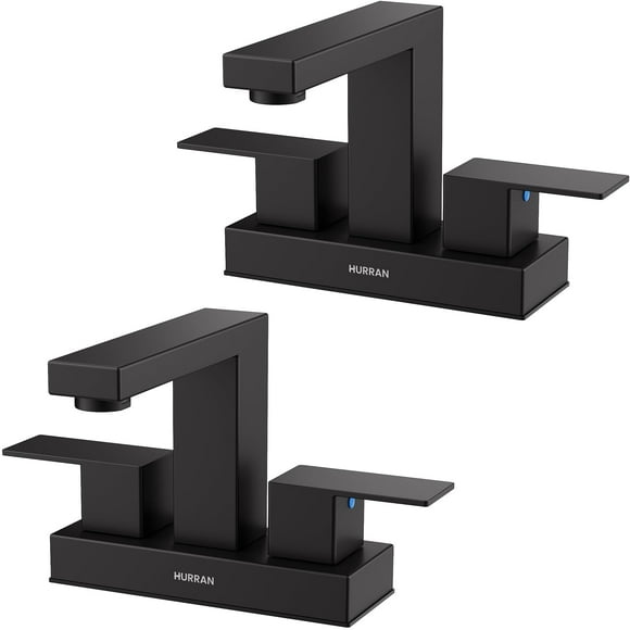 Robinet de Lavabo Noir Mat, Hurran 4 Pouces Robinets de Salle de Bain pour Lavabo 3 Trous avec Conduites de Vidange et d'Alimentation, Robinet en Acier Inoxydable à 2 Poignées pour Meuble-Lavabo RV Salle de Bain, Lot de 2