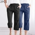 thumbnail image 2 of Iugvhana 2-Pack Linen Capri Pants for Women Plus Size Casual Drawstring Elastic High Waist Cropped Pants Straight Loose Wide Leg Capris with Pockets Black&Navy M, 2 of 5
