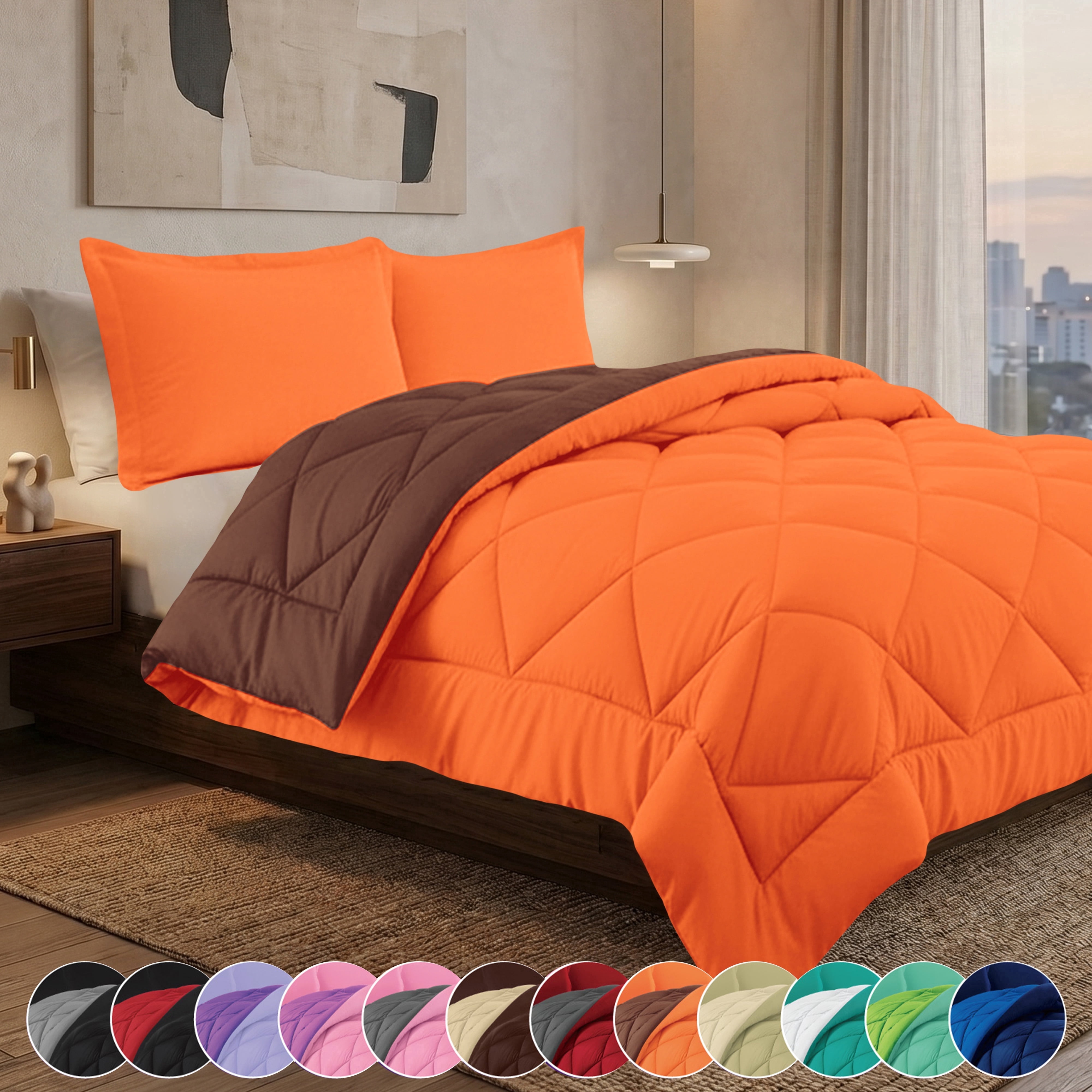 Elegant Comfort Reversible Down Alternative Comforter Set, Soft Microfiber All-Season Bedding, Lightweight Wrinkle & Fade Resistant Comforter, King/Cal King, Orange/Chocolate