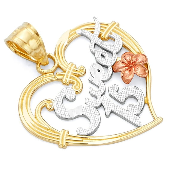 Wellingsale 14K Tri 3 Color Gold Polished Diamond Cut Ornate Heart Shaped "Sweet 15" Charm Pendant with Flower Accent