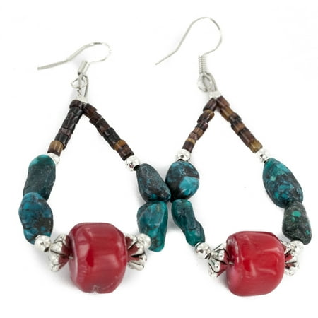 Turquoise Earrings Native Certified Authentic Navajo .925 Sterling Silver Hooks Natural Turquoise CORAL Native American Earrings ()
