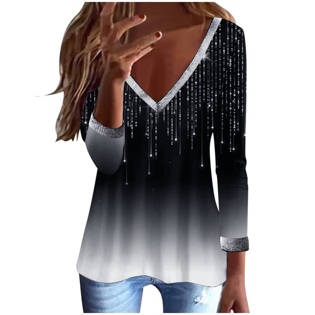 CEHVOM T-shirt Décontracté pour Femmes Imprimé Manches Longues Col en V Froncé Blouse Pull Tops Liquidation