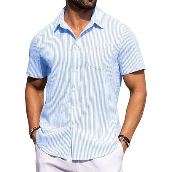 Kalauyu Men's Linen Shirts Short Sleeve Casual Shirts Button Down Shirt for Men Beach Summer Wedding Shirt