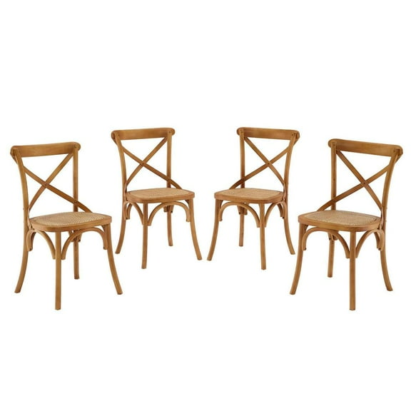 Modway Gear 18.5" Elm Wood and Rattan Dining Side Chair in Walnut (Set of 4)